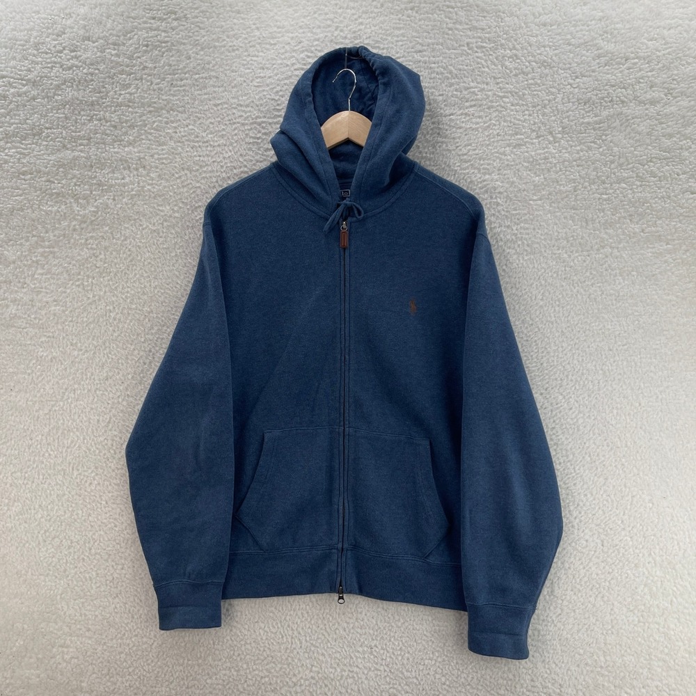 Polo Ralph Lauren Hoodie Mens Large Blue Leather Zip Preppy Pony Luxury Casual